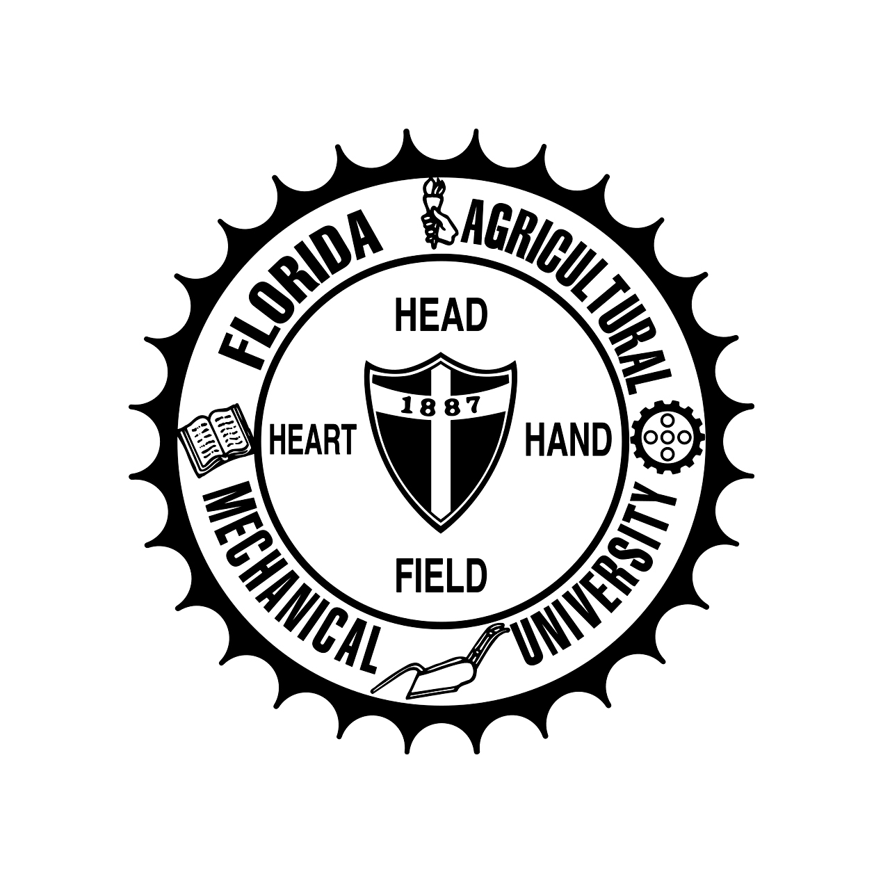 FAMU black and white shield logo reading: head, hand, field, heart