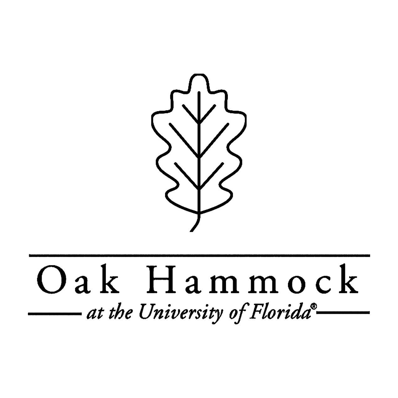 Oak leaf black and white icon with title, "Oak Hammock at the University of Florida" underneath