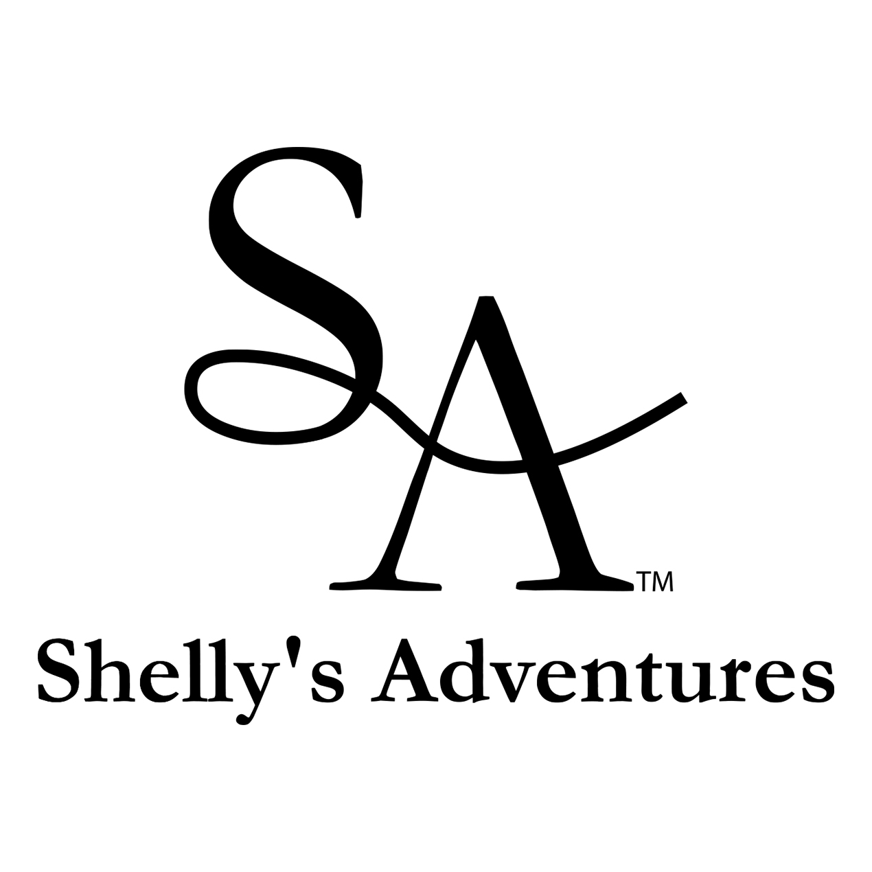 Shellys Adventures black and white logo with an intertwined "SA" main image and "Shelly's Adventures" written underneath